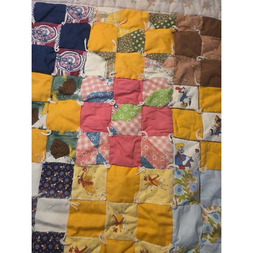 Vintage 1970’s handmade Patchwork quilt-Mod fabric squares Disney-White Backing